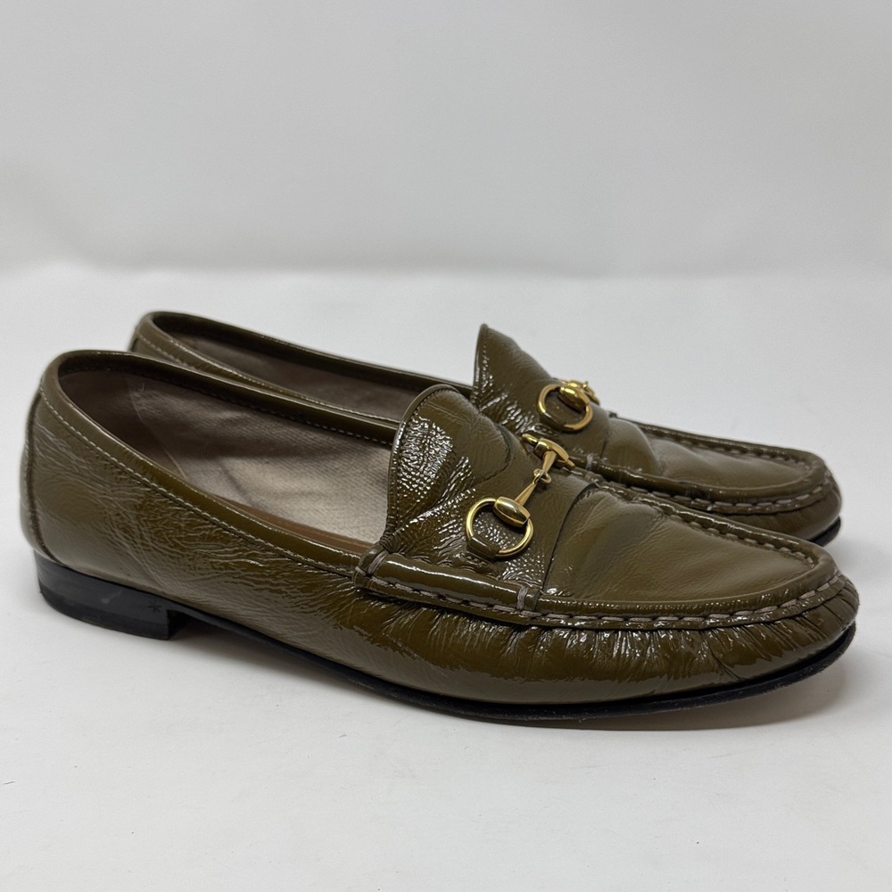 Gucci Olive Green Patent Leather Loafers with Gold Accents